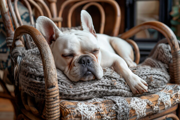 white french bulldog resting on a wicker chair - obrazy, fototapety, plakaty