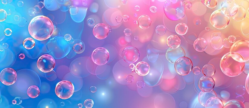Soap bubbles with vibrant hues of purple, pink, and electric blue float in the air against a colorful background, creating a mesmerizing pattern of delicate violet and magenta hues resembling petals