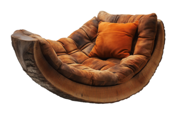 Wooden chair made of stump with comfortable cushion isolated on transparent background. Rustic style interior