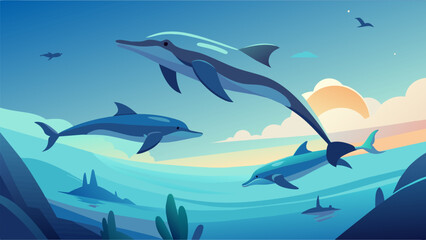 Naklejka premium A group of dolphins playing in crystalclear water highlighting the beauty of marine life and the need to keep their home free from harm.