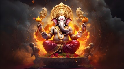 Lord ganesha red body four arms his consort sittiing
