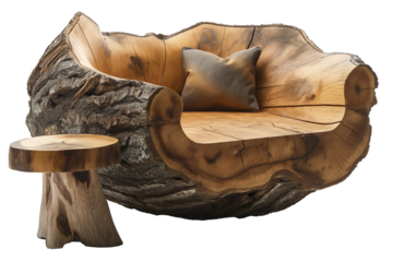 Wooden chair made of stump with comfortable cushion isolated on transparent background. Rustic style interior
