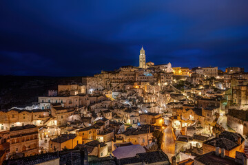 The old town of Matera in southern Italy at night - 779366724