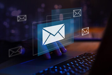 email marketing concept, business communication via email,  company sending many e-mails or digital newsletter to clients - 779366787