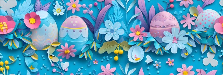 Fototapeta na wymiar Paper Art Easter Eggs Spring Flowers Background Seamless Pattern