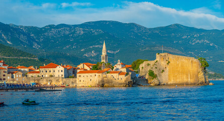 Sunset cityscape of the old town of Budva in Montenegro