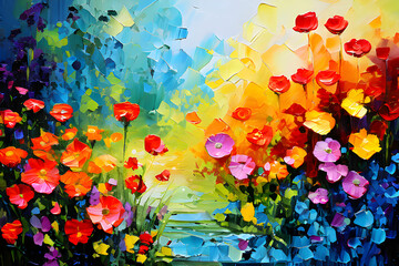 abstract flowers colorful background painting. Impasto, palette knife