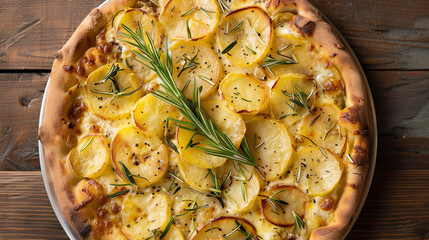 Potato pizza with rosemary and mozzarella in vibrant style, top view on wooden table, natural light highlights.
