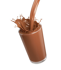 Chocolate or Cocoa Pouring and splash, Glass with Dark Chocolate Liquid, 3d illustration.