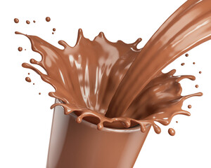 Chocolate or Cocoa Pouring and splash, Glass with Dark Chocolate Liquid, 3d illustration.