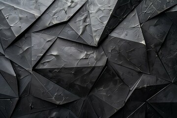 Black dark gray abstract background. Geometric pattern shape. Line triangle polygon angle. Gradient. Shadow. Matte. 3d effect. Rough grain grungy. Design. Template. Presentation. - obrazy, fototapety, plakaty