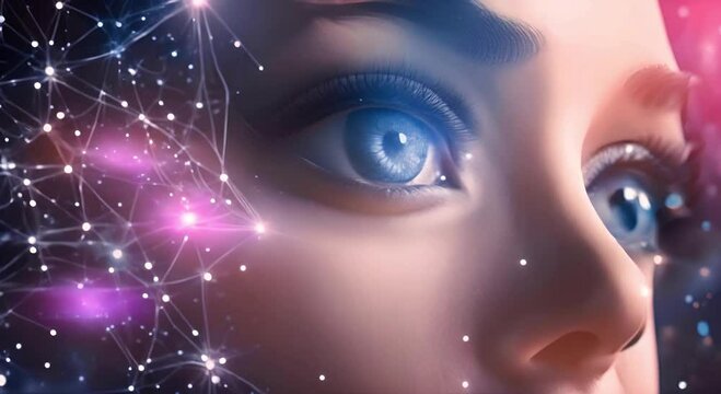 Close up of futuristic augmented eye cyber woman for digital vision. Cyborg blue light scanning in galaxy and star technology