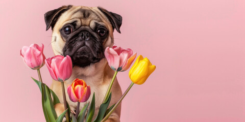 Spring birthday anniversary celebration postcard concept. Funny smiling brown pug dog with pink tulips bouquet flowers in paws on studio pink background. Copy paste empty place for text