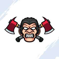 Illustration of a Gorilla Head with an Angry Face with Two Red Axes Crossed