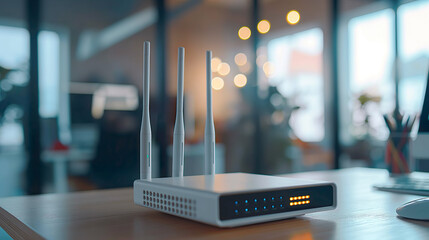 Modern Wi-Fi router on light table in office or home. - obrazy, fototapety, plakaty