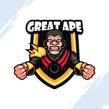 Illustration of a Gorilla with an Angry Face Wearing a Golden Armor with Red Cleveage
