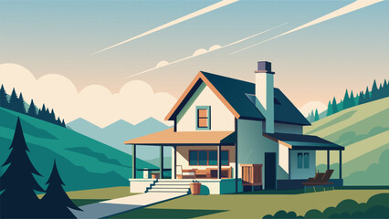 A quaint farmhouse surrounded by rolling hills its wraparound porch inviting guests to sit and relax. Inside the exposed beams handcrafted