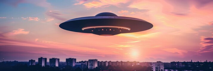 Alien invasion. Huge alien spaceship hovered over a densely populated city. The city's inhabitants peer out from their windows, captivated by the sight of the alien spaceship hovering above.