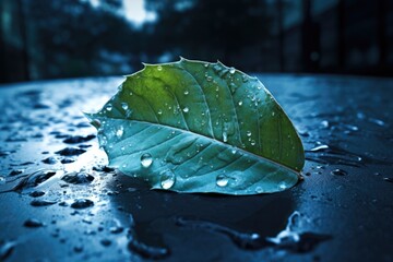 Leaf is sitting on wet surface, with raindrops on it