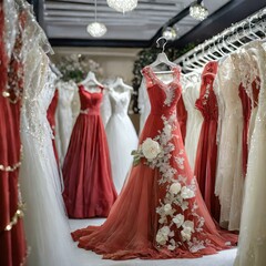 wedding dress in a shop.a selection of elegant luxury bridal dresses hanging on hangers, with a focus on red wedding dresses displayed in a bridal shop boutique salon. Incorporate soft lighting and su