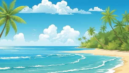 Vector Illustration of a Seascape with Coconut Palm Tree on Island