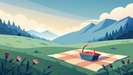 A tranquil scene of a lone picnic basket and a patterned blanket in a field of wildflowers creating a serene and picturesque spot for a - obrazy, fototapety, plakaty