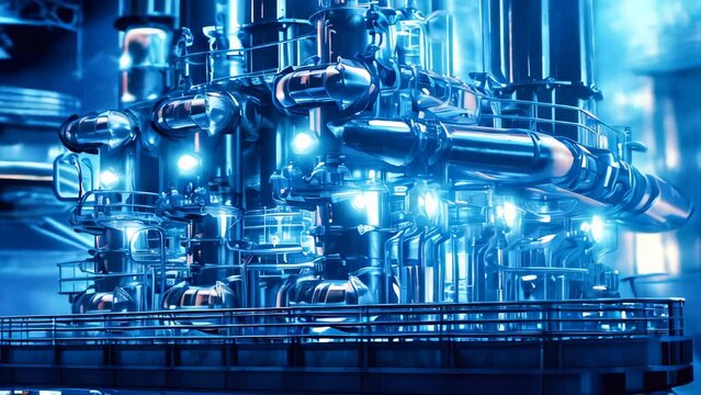 Animation of an advanced industrial setup with pipes, blue lights and high tech elements. Future industry concept.