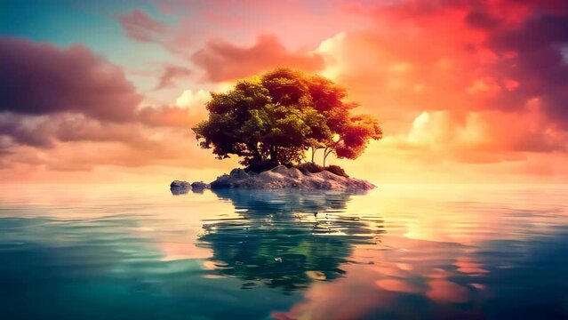 Beautiful small rock island in the middle of the sea with a colorful sky animation