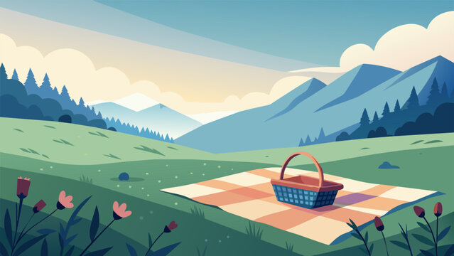 A tranquil scene of a lone picnic basket and a patterned blanket in a field of wildflowers creating a serene and picturesque spot for a