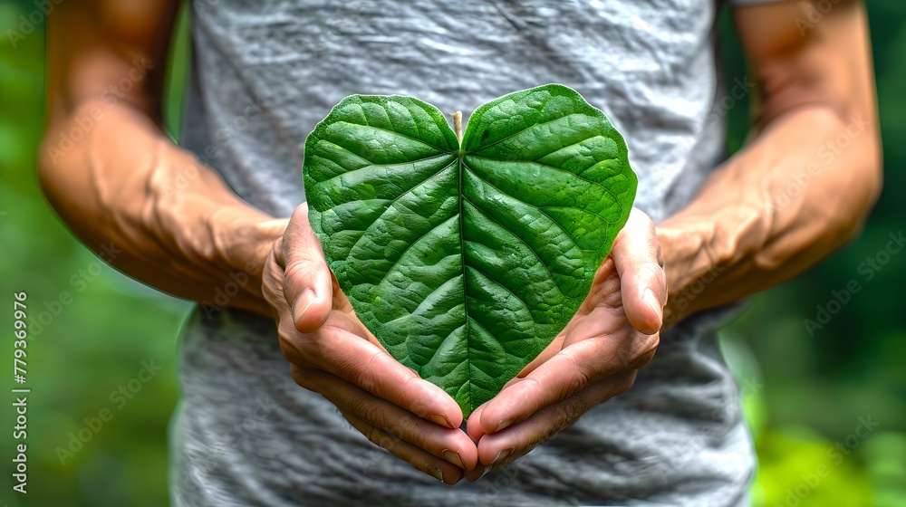 Sticker Person Holding Green Heart-Shaped Leaf, Concept of Love for Nature. Environmental Conservation, Protecting Ecosystems. Sustainable Living. AI