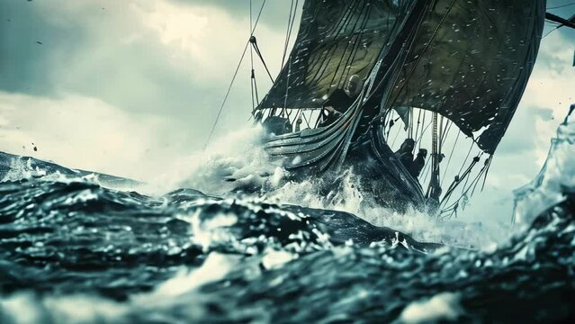 Viking longboat sailing on stormy seas