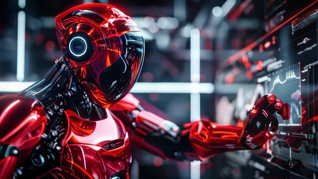 A glossy red and black futuristic humanoid robot