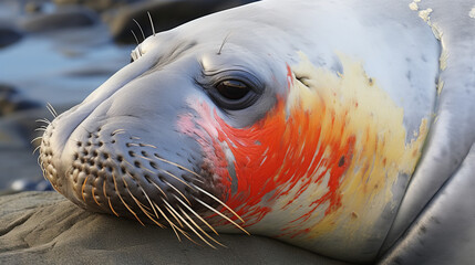A seal with red and yellow paint on its face - obrazy, fototapety, plakaty