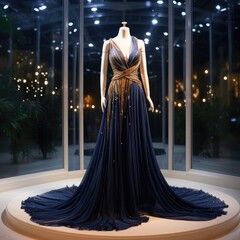 Elegance unveiled: a captivating display of a beautiful, luxurious evening gown gracefully adorning a mannequin, epitomizing timeless style and opulence for a glamorous and chic affair