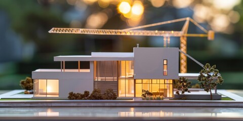 A highly detailed architectural model of a house set against a backdrop of a crane in the distance - 779370398