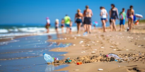 A group of individuals standing on top of a sandy beach, possibly participating in a volunteer beach clean-up effort