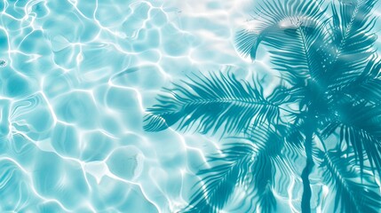 Fototapeta na wymiar Tropical Palm Shadows Dance Over Rippling Pool Water. Summer Vibes in Aqua Colors. Ideal for Backgrounds and Relaxation Themes. AI