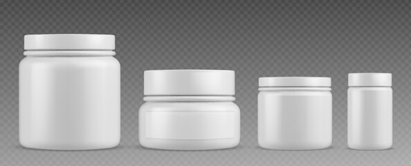 White plastic pill bottle for vitamin supplement. 3d blank medicine container vector mockup. Medical capsule or powder can design with empty label for prescription. Realistic sport protein canister