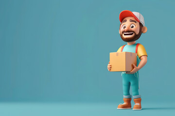 Friendly 3D animated courier holding a package on a blue background with copy space.