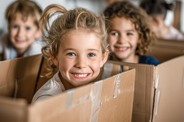 Happy children playing in cardboard boxes, pretending to be on an adventure.