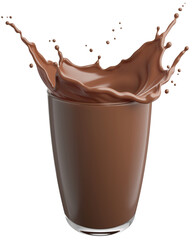 Glass with splashing chocolate or cocoa, isolated on white background, with clipping path 3d illustration.