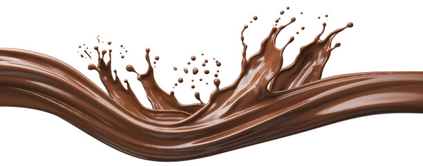 liquid chocolate long wave splash, hot cocoa drink isolated on white background 3d illustration.