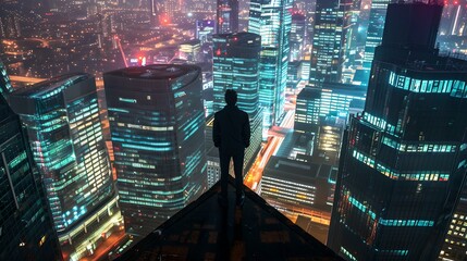 Silhouetted Person Overlooking Cityscape at Night, Urban Explorer on High-rise Ledge, Thrilling View of Dazzling Skyscrapers. AI - obrazy, fototapety, plakaty