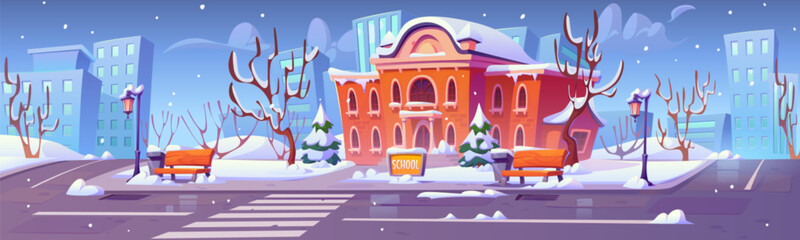 School building and yard covered with snow in winter. Cartoon vector city snowy outside landscape with education house, courtyard with trees and bench on pavement, road with crosswalk and sign.