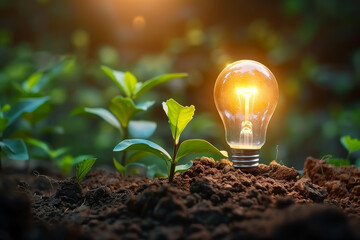 A light bulb is lit up in the dirt