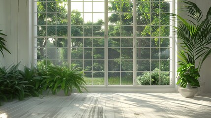 plants, plants, grass, large window and white wooden floor in the summer, in the style of warm tonal range,​