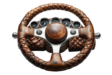 Retro-style car steering wheel on transparent background