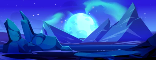 Schilderijen op glas Alien planet landscape with rock mountains and big glow celestial body in sky with light or haze. Cartoon vector game blue outer space ground surface with star or satellite. Fantasy cosmos travel. © klyaksun