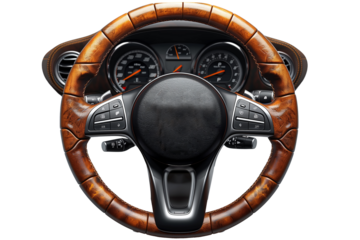 Retro-style car steering wheel on transparent background