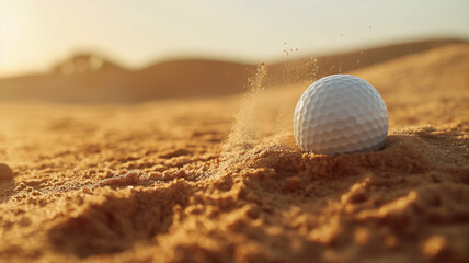 Golf ball rolling on sandy terrain with dust trailing behind, warm sunlight in the background.